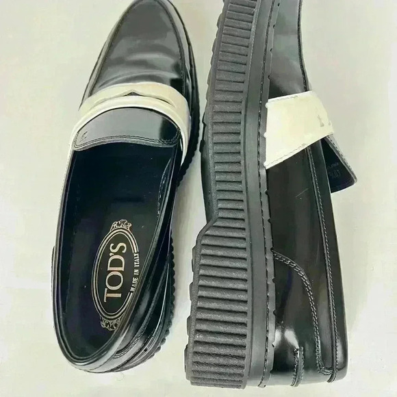 TODS Spazzolato Leather Black Platform White Penny Strap Loafer - Picture 9 of 11